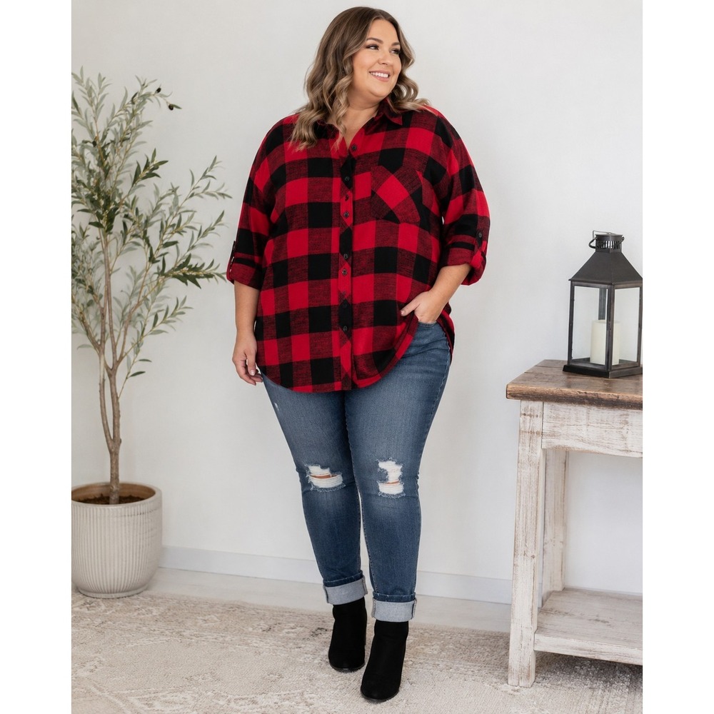 Maurices 0X Red Black Buffalo Plaid Shirt Women's Plus 100% Cotton Button Up